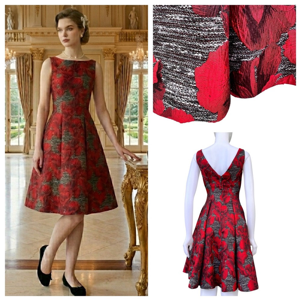 Adrianna Papell Floral Jacquard Fit & Flare Dress Red‎ Black V-Back Old Money 4